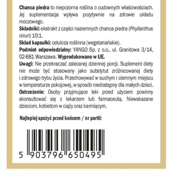 Yango CHANCA PIEDRA wsparcie UKŁAD MOCZOWY KAMICA NERKOWA 90 kapsułek
