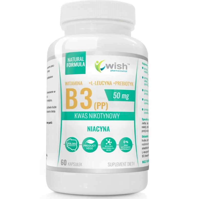 Wish WITAMINA B3 50mg PP NIACYNA 60 kaps wsparcie SKÓRA WŁOSY układ NERWOWY