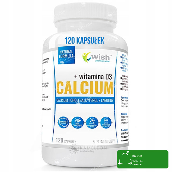Wish WAPŃ CALCIUM 1000mg + WITAMINA D3 120kaps wsparcie ZĘBY KOŚCI MIĘŚNIE
