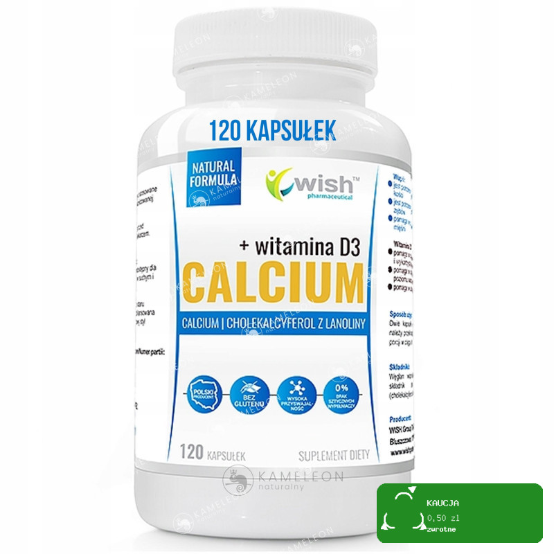 Wish WAPŃ CALCIUM 1000mg + WITAMINA D3 120kaps wsparcie ZĘBY KOŚCI MIĘŚNIE