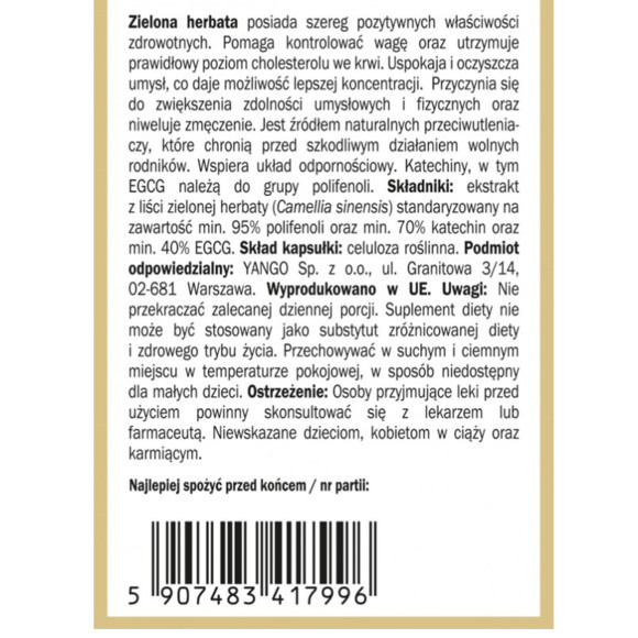 Yango ZIELONA HERBATA wsparcie KONTROLA WAGI ENERGIA 90 kapsułek