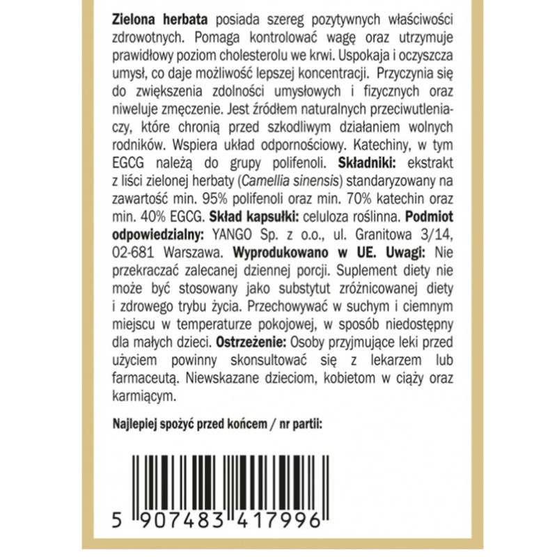 Yango ZIELONA HERBATA wsparcie KONTROLA WAGI ENERGIA 90 kapsułek