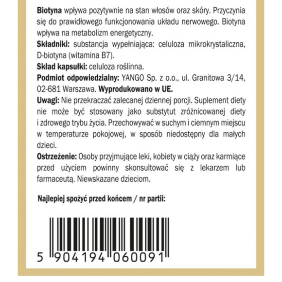 Yango BIOTYNA 90 witamina B7 2500ug wsparcie SKÓRA WŁOSY PAZNOKCIE 90 kaps.