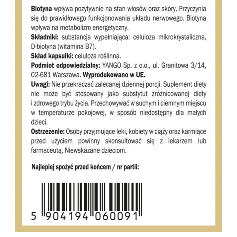 Yango BIOTYNA 90 witamina B7 2500ug wsparcie SKÓRA WŁOSY PAZNOKCIE 90 kaps.