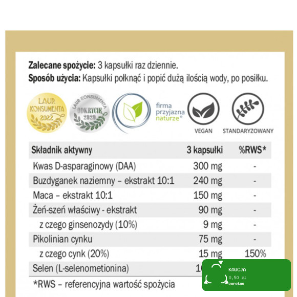 Yango TESTOGAINER 90 kapsułek wsparcie PŁODNOŚC MASA MIĘŚNIOWA KRÓTKA DATA