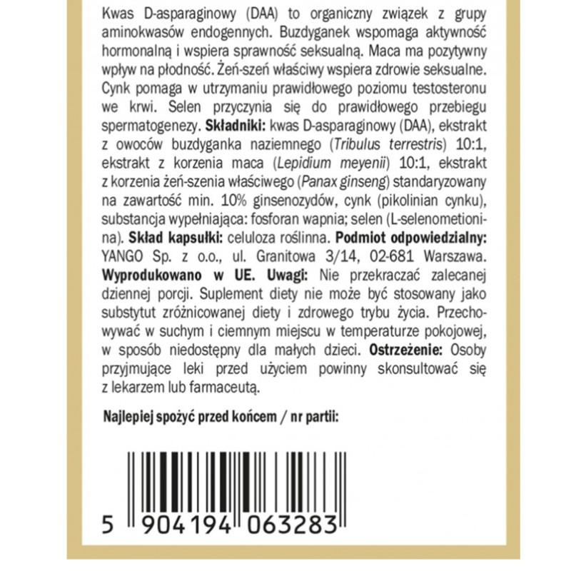 Yango TESTOGAINER 90 kapsułek wsparcie PŁODNOŚC MASA MIĘŚNIOWA KRÓTKA DATA