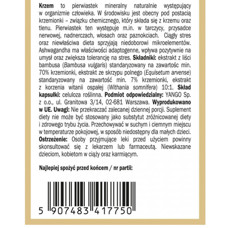 Yango KRZEM COMPLEX wsparcie SKÓRA WŁOSY PAZNOKCIE STAWY 100 kapsułek