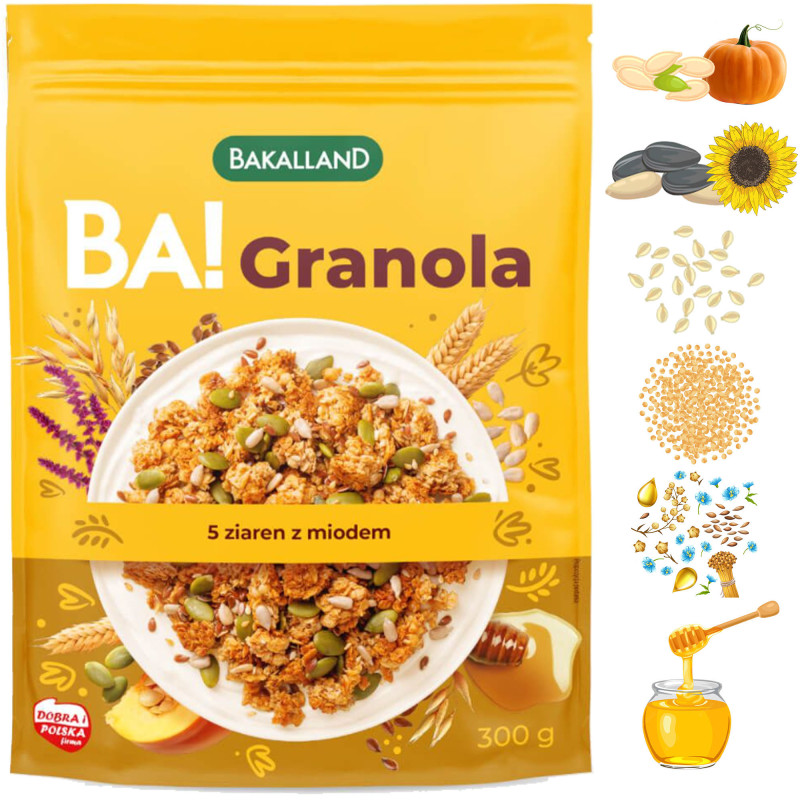 Bakalland GRANOLA 5 ZIAREN i MIÓD chrupiące muesli 300g