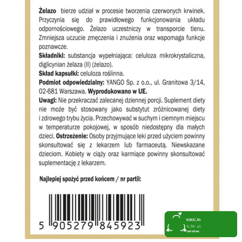 Yango ŻELAZO FE DIGLICYINAN 450mg wsparcie HEMOGLOBINA FERRYTYNA 90 kaps.