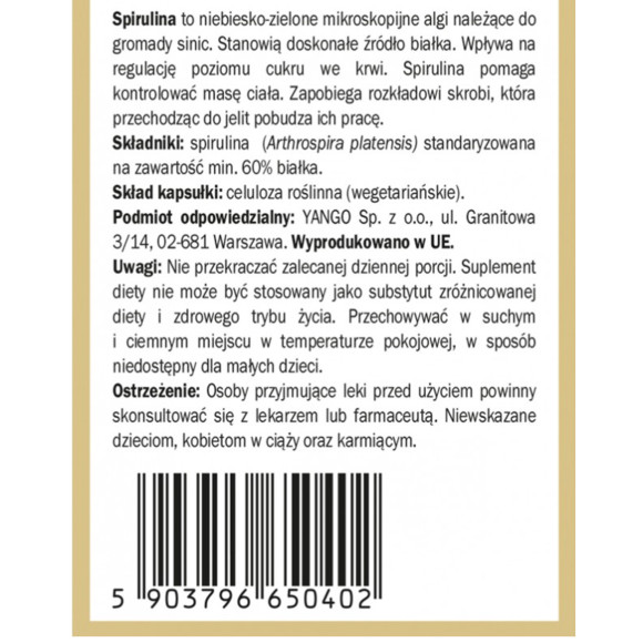 Yango SPIRULINA wsparcie ODCHUDZNIE ODPORNOŚĆ CHOLESTEROL 90 kapsułek