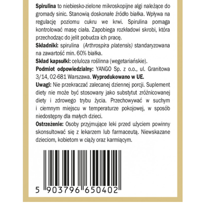 Yango SPIRULINA wsparcie ODCHUDZNIE ODPORNOŚĆ CHOLESTEROL 90 kapsułek