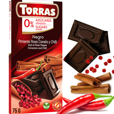 CZEKOLADA GORZKA Z PIEPRZEM CYNAMONEM CHILI bez cukru glutenu 75g TORRAS