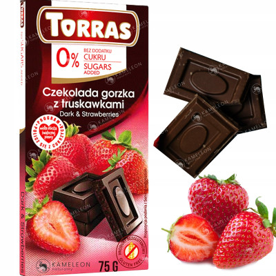 CZEKOLADA GORZKA Z TRUSKAWKAMI bez cukru glutenu bezglutenowa 75g TORRAS