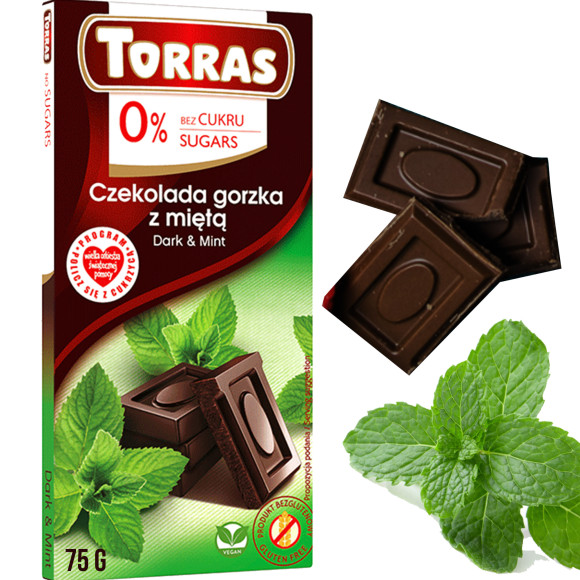CZEKOLADA GORZKA Z MIĘTĄ bez cukru glutenu bezglutenowa 75g TORRAS