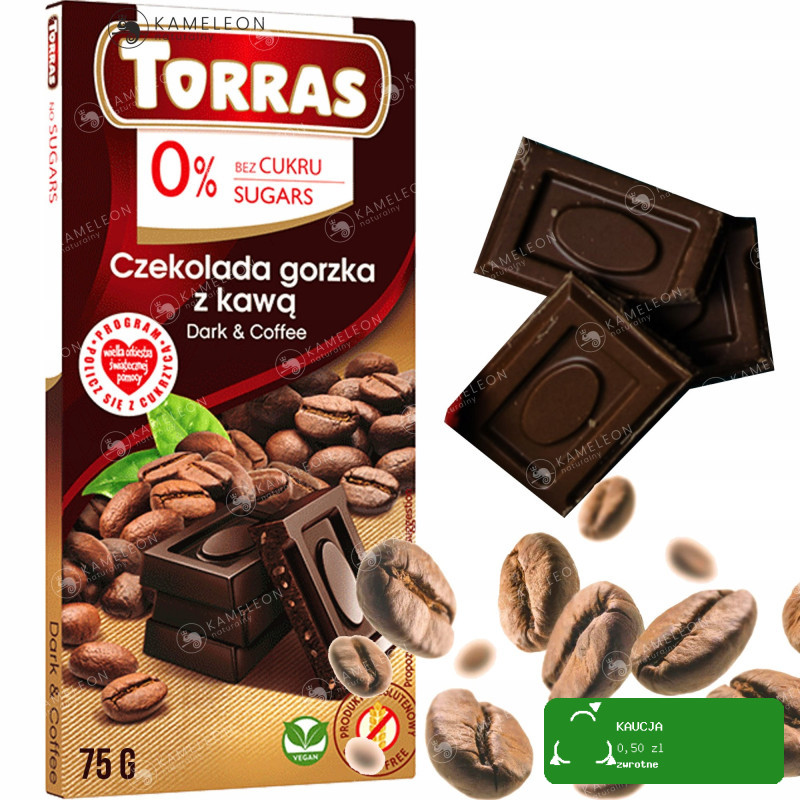 CZEKOLADA GORZKA Z KAWĄ ze stewią bez cukru glutenu bezglutenowa 75g TORRAS