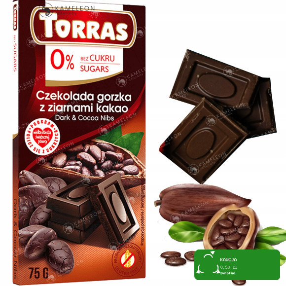 CZEKOLADA GORZKA Z ZIARNAMI KAKAO ze stewią bez cukru glutenu 75g TORRAS