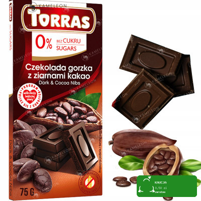 CZEKOLADA GORZKA Z ZIARNAMI KAKAO ze stewią bez cukru glutenu 75g TORRAS