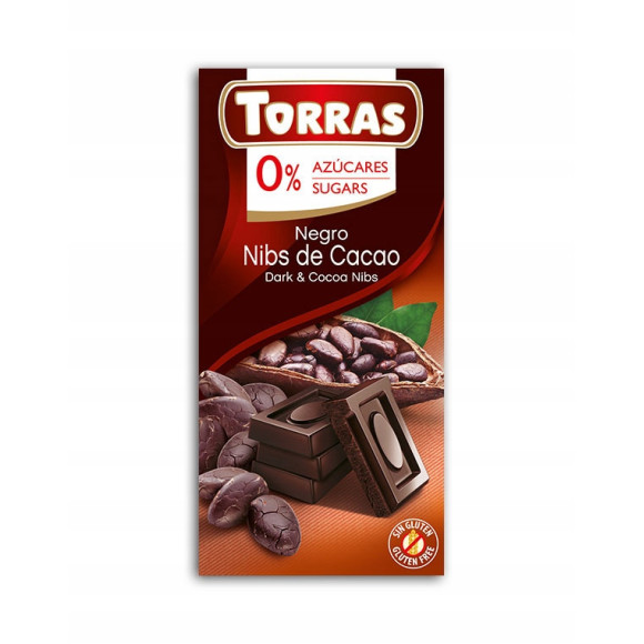 CZEKOLADA GORZKA Z ZIARNAMI KAKAO ze stewią bez cukru glutenu 75g TORRAS