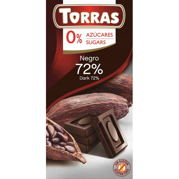 CZEKOLADA GORZKA 72% KAKAO bez cukru glutenu bezglutenowa 75g TORRAS