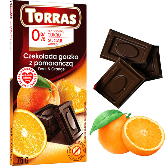 CZEKOLADA GORZKA Z POMARAŃCZĄ bez cukru glutenu bezglutenowa 75g TORRAS