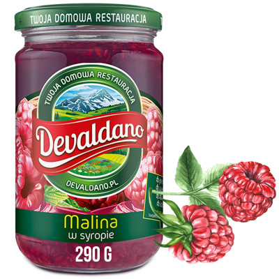 Devaldano MALINA W SYROPIE OWOCE do deserów 290g KRÓTKA DATA