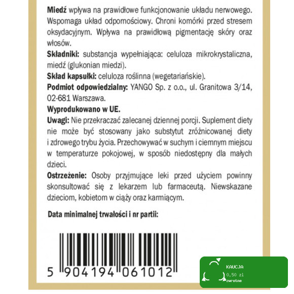 Yango MIEDŹ FORMA ORGANICZNA wprawie UKŁAD NERWOWY ODPORNOŚĆ 90 kapsułek