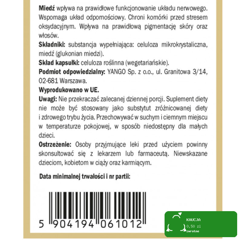 Yango MIEDŹ FORMA ORGANICZNA wprawie UKŁAD NERWOWY ODPORNOŚĆ 90 kapsułek