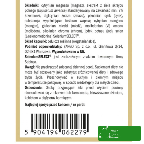 Yango KOMPLEKS MINERAŁÓW magnez cynk żelazo miedź mangan selen 90 kapsułek