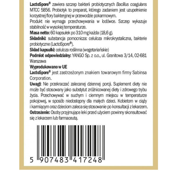 Yango PROBIOTYK BC-2 Bacillus Coagulans LactoSpore 2 mld CFU Wege 60 kaps.