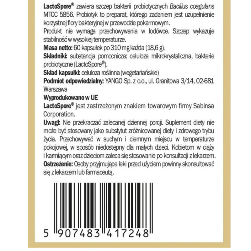 Yango PROBIOTYK BC-2 Bacillus Coagulans LactoSpore 2 mld CFU Wege 60 kaps.