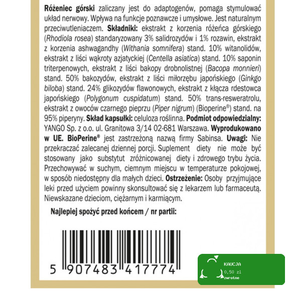 Yango RÓŻENIEC PREMIUM wsparcie STRES zwiększona biodostępność 100 kapsułek