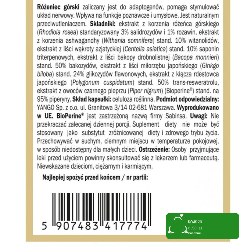 Yango RÓŻENIEC PREMIUM wsparcie STRES zwiększona biodostępność 100 kapsułek