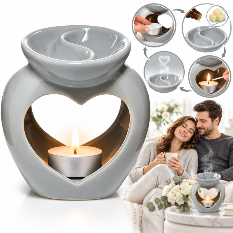 KOMINEK zapachowy CERAMICZNY SERCE SZARE na olejki woski do aromaterapii