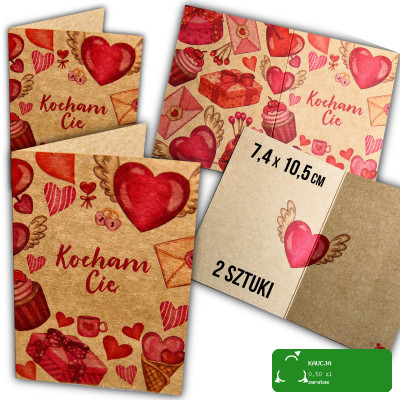 KARNET BILECIK KARTKA NA WALENTYNKI napisem KOCHAM CIĘ 7,4x10,5cm 2 sztuki