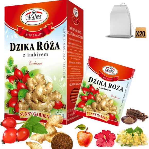 MALWA HERBATA SUNNY GARDEN smak DZIKA RÓŻA + IMBIR 20 saszetek