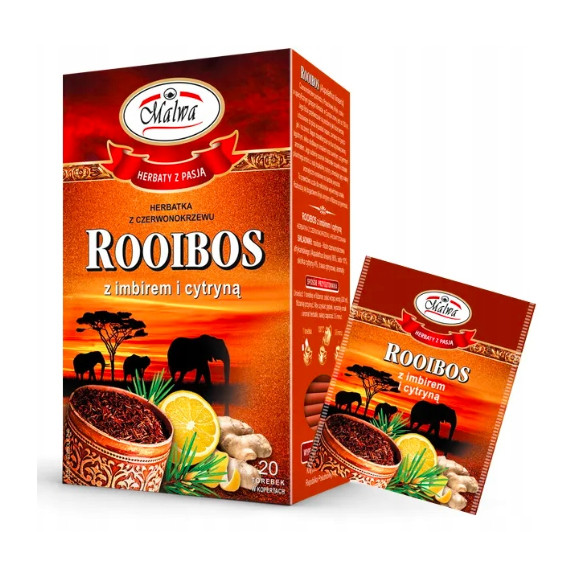 Herbata ROOIBOS z IMBIREM i CYTRYNĄ 20 saszetek MALWA
