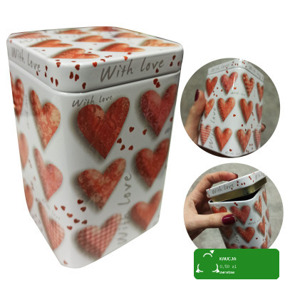 PUSZKA METALOWA DUŻA na herbatę kawę SERCA LOVE 70x70x100 100g WALENTYNKI