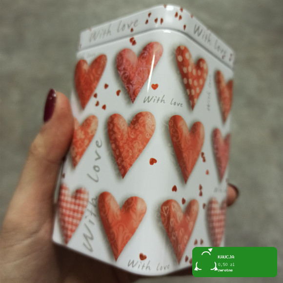 PUSZKA METALOWA DUŻA na herbatę kawę SERCA LOVE 70x70x100 100g WALENTYNKI