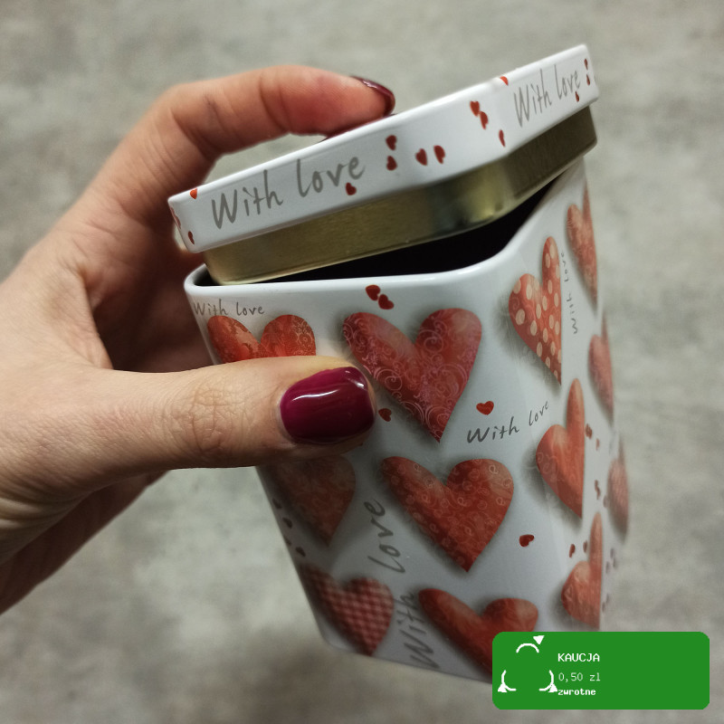 PUSZKA METALOWA DUŻA na herbatę kawę SERCA LOVE 70x70x100 100g WALENTYNKI