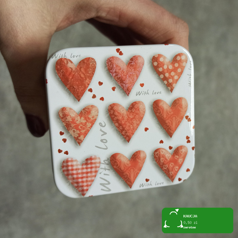 PUSZKA METALOWA DUŻA na herbatę kawę SERCA LOVE 70x70x100 100g WALENTYNKI