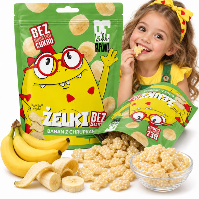 BE RAW! KIDS żelki BANAN Z CHRUPKAMI bez cukru żelatyny 35g owocowe rybki