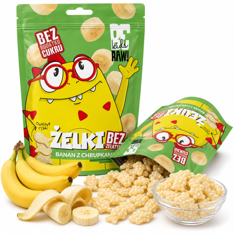 BE RAW! KIDS żelki BANAN Z CHRUPKAMI bez cukru żelatyny 35g owocowe rybki