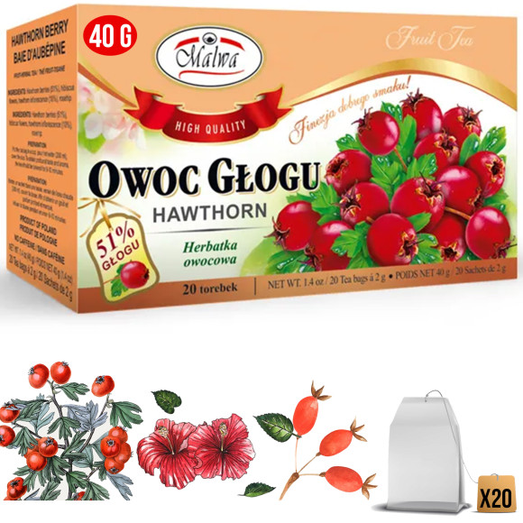 Malwa HERBATA OWOCOWA - ZIOŁOWA OWOC GŁOGU głóg 20 saszetek