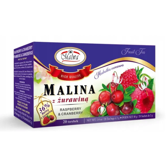 Malwa HERBATA OWOCOWA MALINA Z ŻURAWINĄ 20 saszetek 40G KRÓTKA DATA