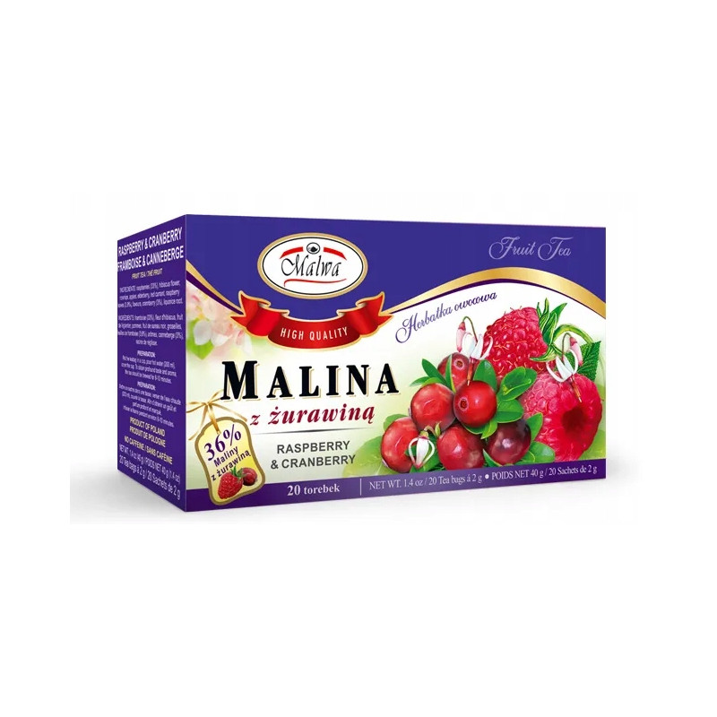 Malwa HERBATA OWOCOWA MALINA Z ŻURAWINĄ 20 saszetek 40G KRÓTKA DATA