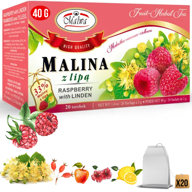 Malwa HERBATA OWOCOWA-ZIOŁOWA MALINA Z LIPĄ 20 saszetek 40G KRÓTKA DATA