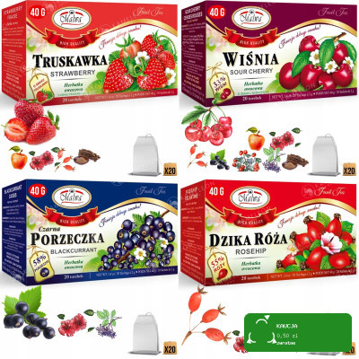 4x Malwa HERBATA OWOCOWA zestaw TRUSKAWKA WIŚNIA DZIKA RÓŻA PORZECZKA 160G