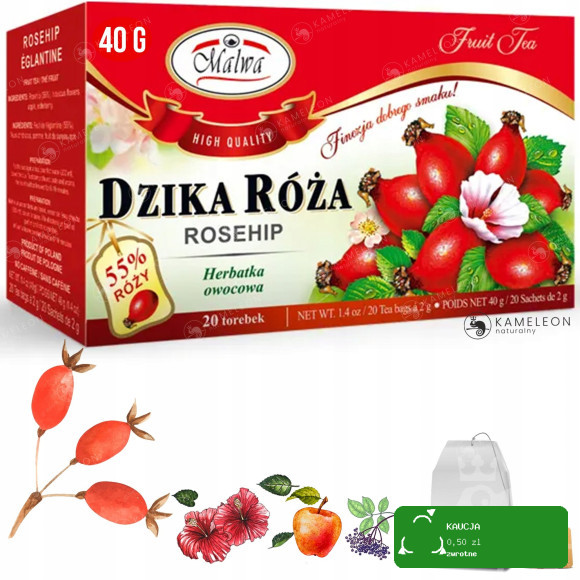 4x Malwa HERBATA OWOCOWA zestaw TRUSKAWKA WIŚNIA DZIKA RÓŻA PORZECZKA 160G