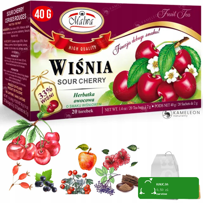 4x Malwa HERBATA OWOCOWA zestaw TRUSKAWKA WIŚNIA DZIKA RÓŻA PORZECZKA 160G