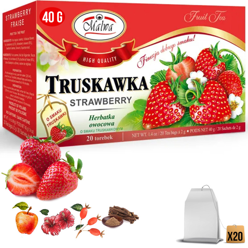 Malwa HERBATA OWOCOWA smak truskawkowy TRUSKAWKA TRUSKAWKOWA 20saszetek 40G